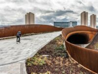 A photo from a recently completed BBS project, titled 'BBS supplies Portuguese Granite for Glasgow's M8 Footbridge'