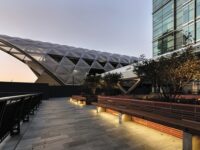 A photo from a recently completed BBS project, titled 'Natural Stone Complements Modern Features in London Public Realm Project at Adam's Place, Canary Wharf'