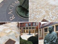 A photo from a recently completed BBS project, titled 'BBS Transforms External Landscape of Icon Armstrong Building At Newcastle University'