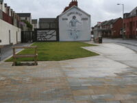 A photo from a recently completed BBS project, titled 'Natural Stone Makeover for George Best Corner, Belfast'
