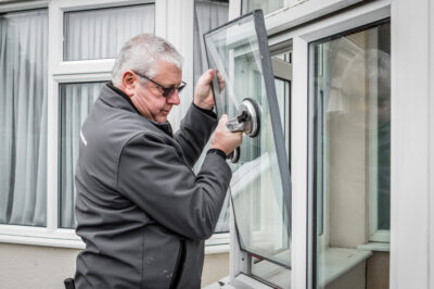 A photo of a Window Doctor engineer fitting a new pane of glass to a window